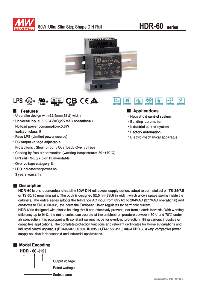 Meanwell HDR-60-24 24V 2.5A DIN Rail Power Supply